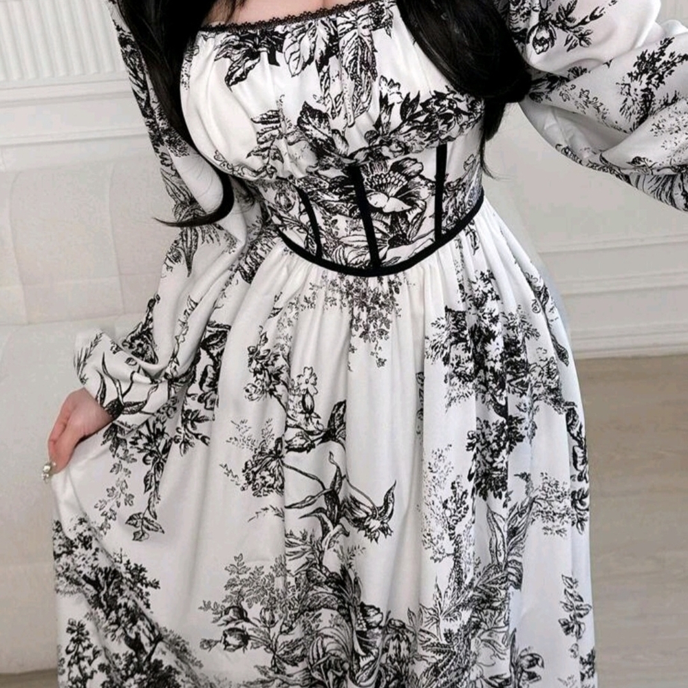 Elegant Black and White Floral Long Sleeve Dress